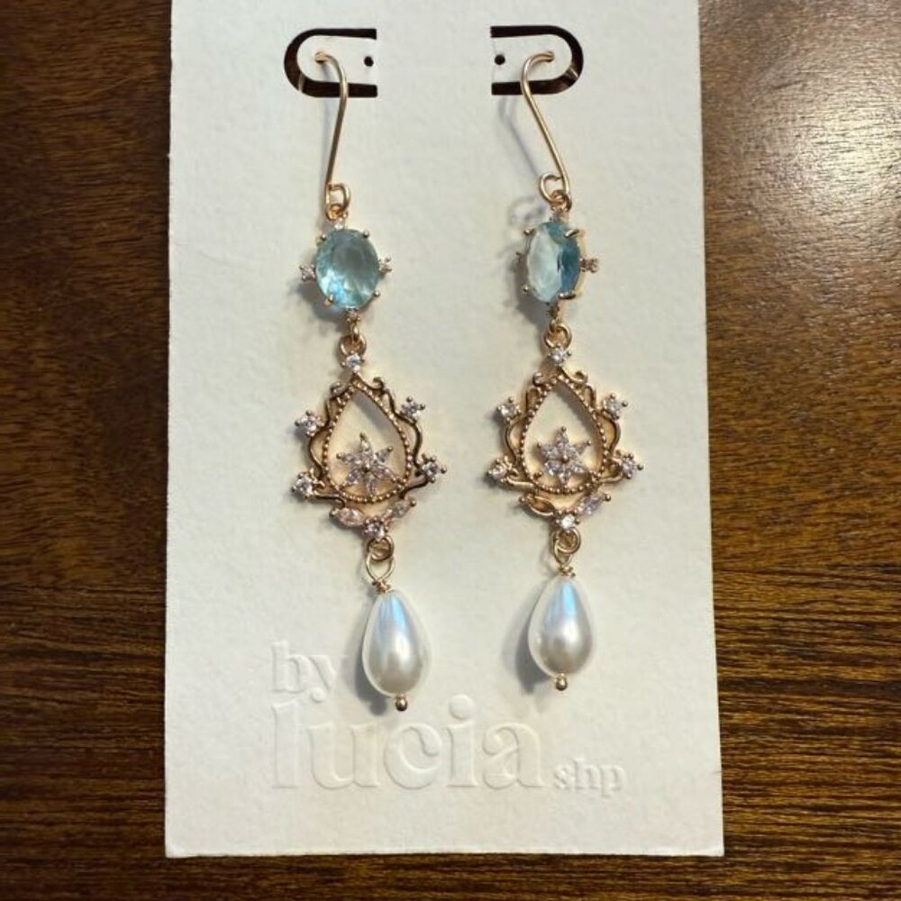 Blue Chandelier Bridal Earrings, Crystal Wedding Earrings, Pearl Bridal Earrings